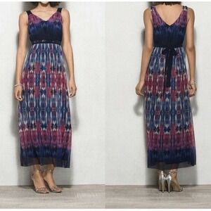 Luxe by Carmen Marc Valvo Maxi Dress V Neck Sleeveless Purple Blue‎ Ikat M